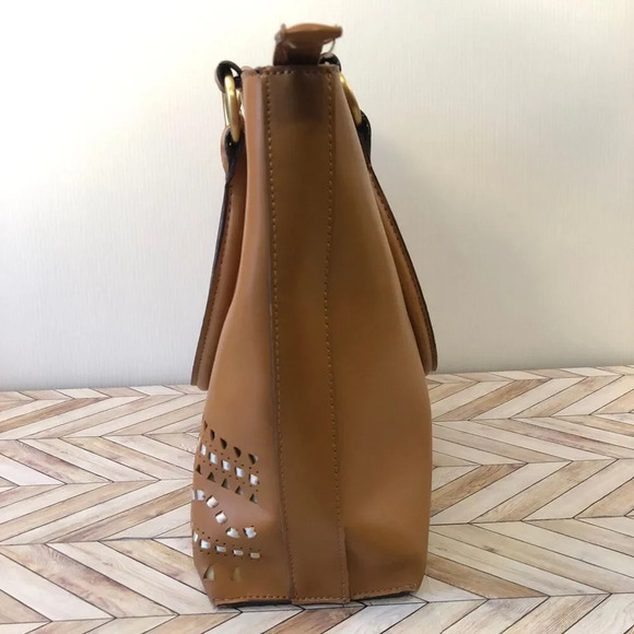 Faux Leather Vegan Camel Brown Tote Bag w/ Handles Country Western 70s Style - Picture 4 of 9